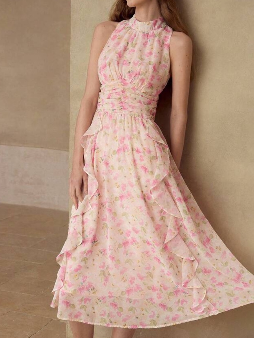 MOTF Pink Floral Halter Maxi Dress with Ruffle Trim
